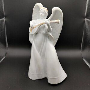 White Bisque Angel Enesco 1987 White Gold Musical Figurine Playing Lute